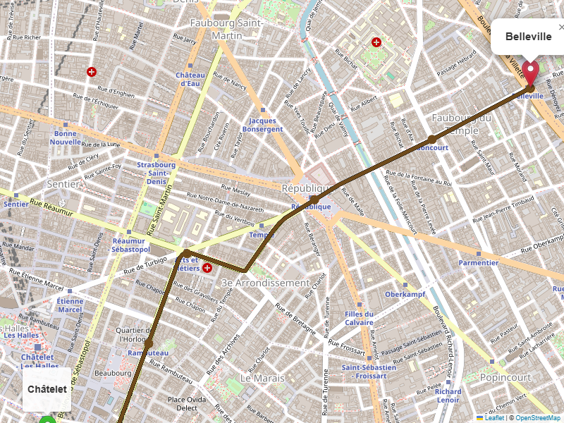 Plan de l'itinéraire en métro de 'Chatelet - Les Halles à Belleville
